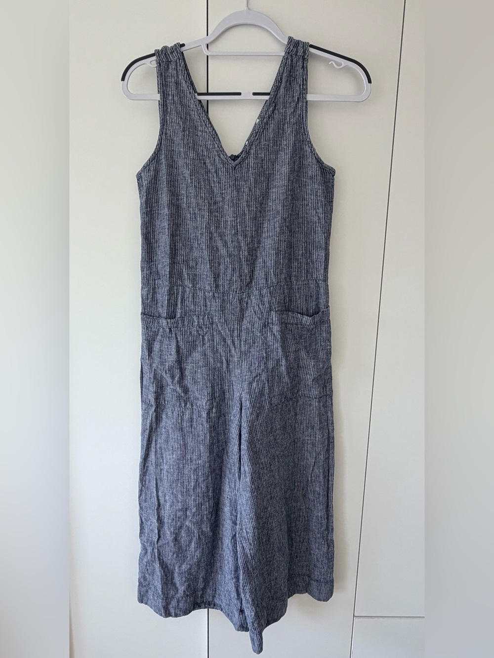 Striped V-Neck Sleeveless Linen Jumpsuit in Heathered Blue